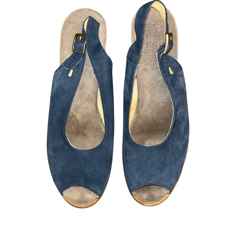 Wolky Blue Suede Peep‎ Toe Wedge Slingback Sandals Size 40 Comfort Shoes